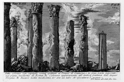 Zeven zuilen met Korinthische kapitelen behorend tot de Tempel van Giuturna, grotendeels begraven in het moderne Rome door Giovanni Battista Piranesi
